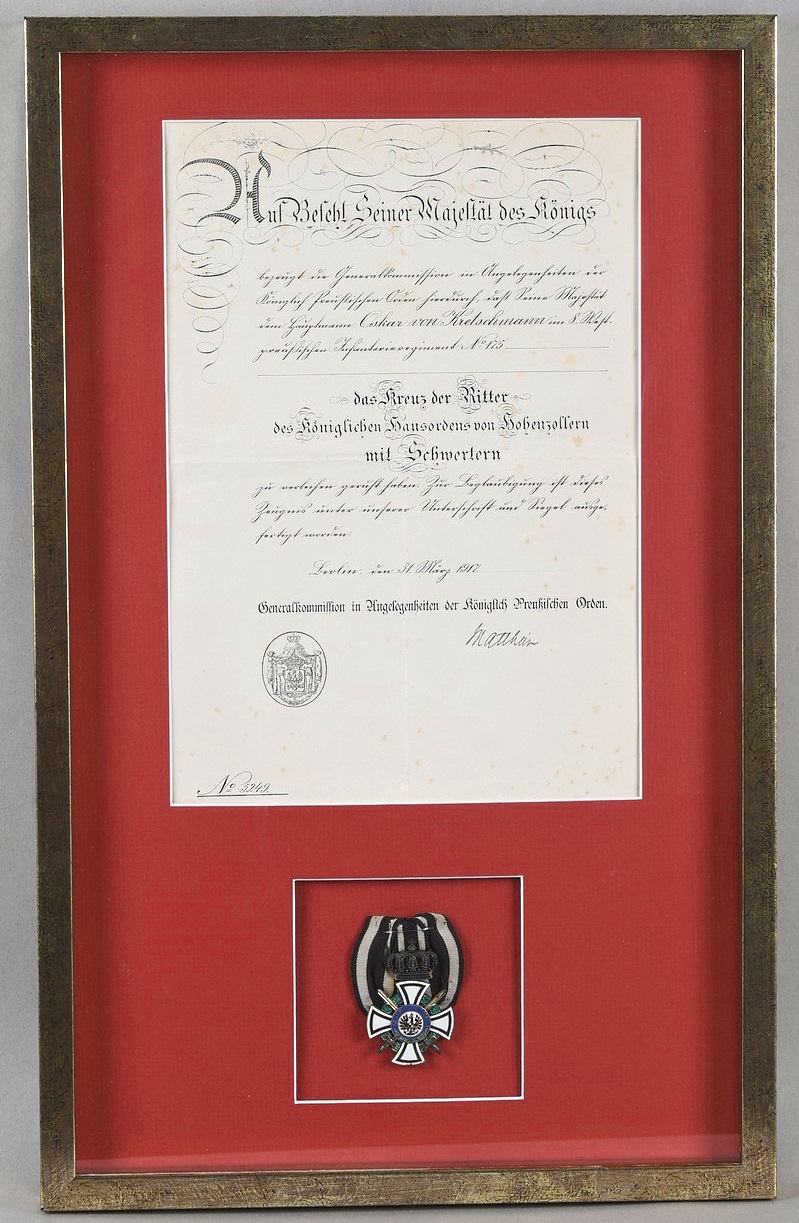 Framed Preussian Imperial Orden of Hohenzollern with Award Docum