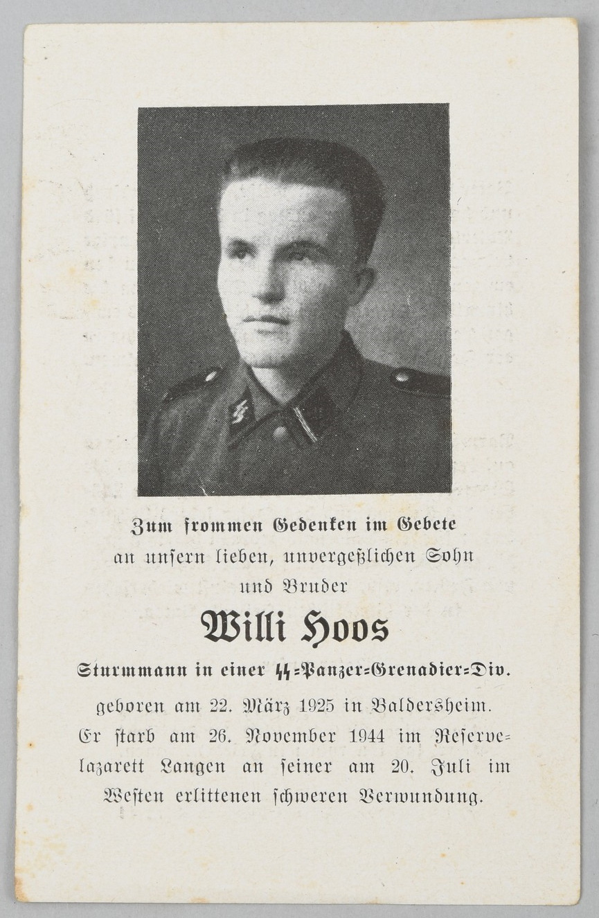 SS Panzergrenadier Willi Hoos Death Card