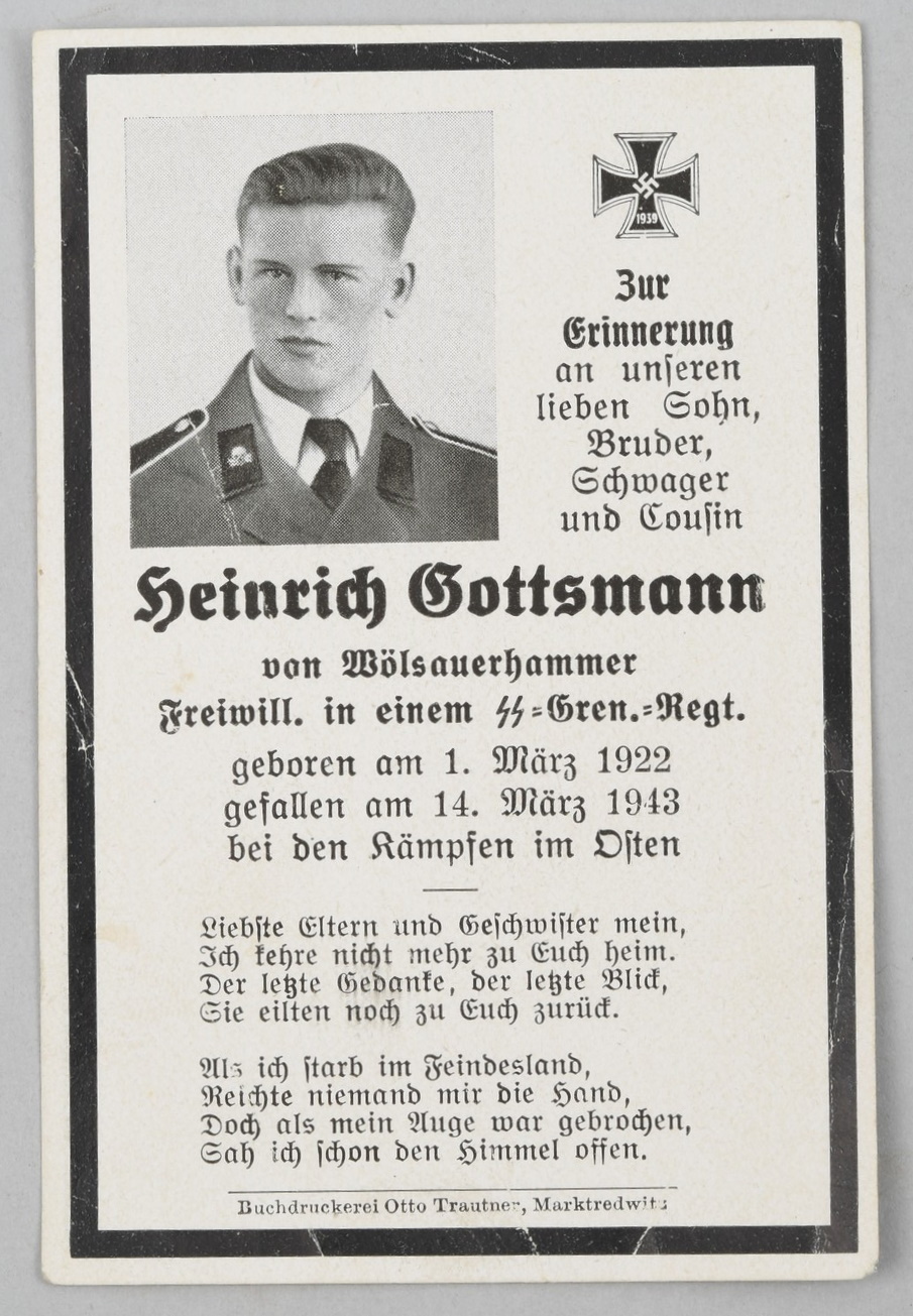 SS Panzergrenadier Heinrich Gottsmann Death Card
